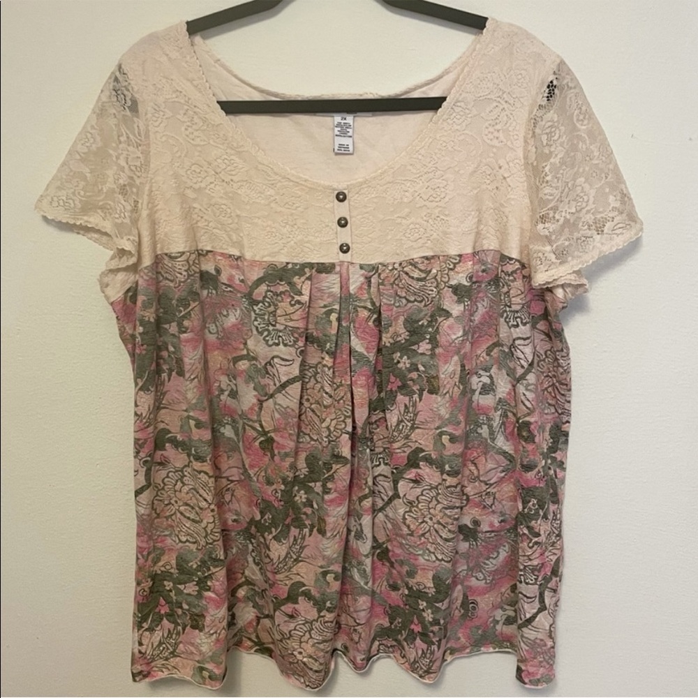 Style & Co Lace Yoke Hippie Printed Top // Plus Size 2X